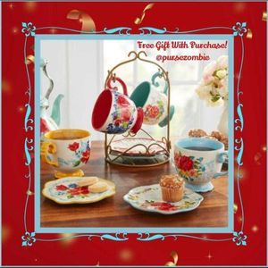 Pioneer Woman floral medley 9pc mug, appetizer plates set with caddy. NIB